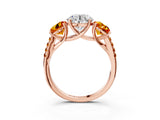 Rose gold Three-Stone Round Cut Diamond Ring with Round with Citrine side stone Pavé Band and Prong Setting_3
