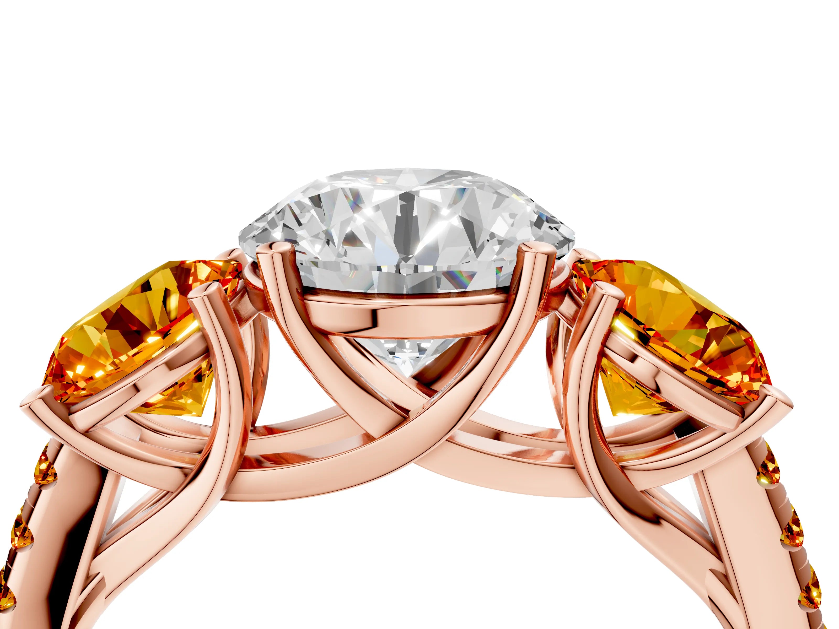 Rose gold Three-Stone Round Cut Diamond Ring with Round with Citrine side stone Pavé Band and Prong Setting_4