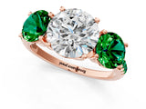 Rose gold Three-Stone Round Cut Diamond Ring with Round with Emerald side stone Pavé Band and Prong Setting_1