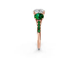 Rose gold Three-Stone Round Cut Diamond Ring with Round with Emerald side stone Pavé Band and Prong Setting_2