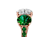 Rose gold Three-Stone Round Cut Diamond Ring with Round with Emerald side stone Pavé Band and Prong Setting_5