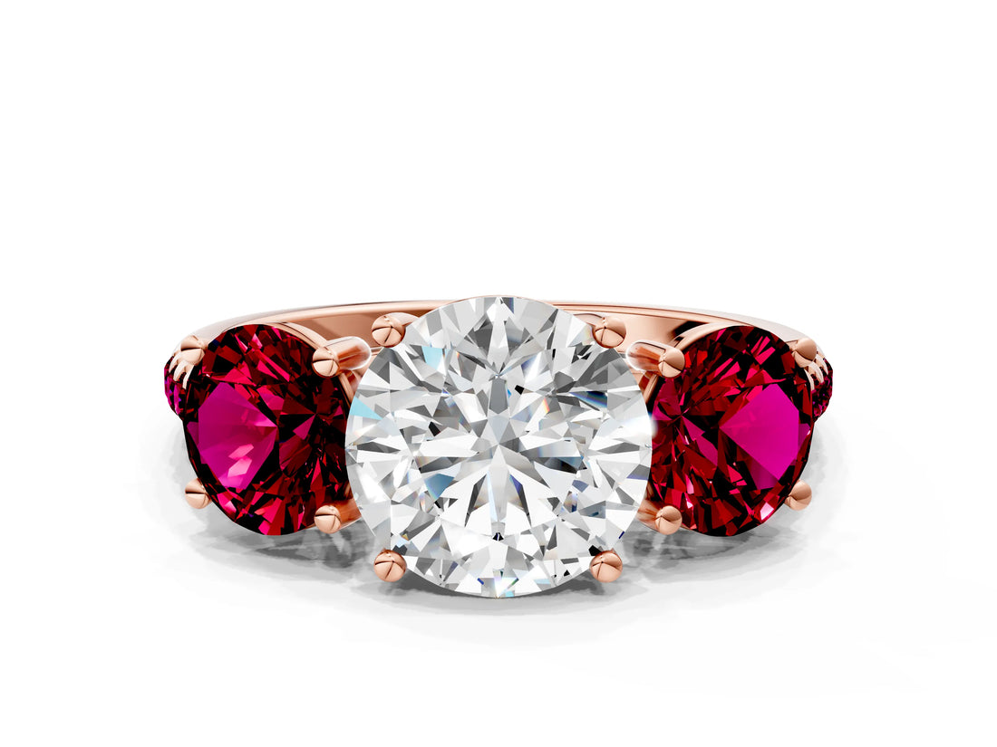 Rose gold Three-Stone Round Cut Diamond Ring with Round with Garnet side stone Pavé Band and Prong Setting