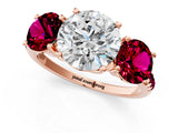 Rose gold Three-Stone Round Cut Diamond Ring with Round with Garnet side stone Pavé Band and Prong Setting_1