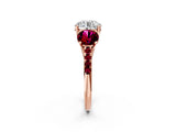 Rose gold Three-Stone Round Cut Diamond Ring with Round with Garnet side stone Pavé Band and Prong Setting_2