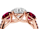 Rose gold Three-Stone Round Cut Diamond Ring with Round with Garnet side stone Pavé Band and Prong Setting_4