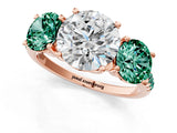 Rose gold Three-Stone Round Cut Diamond Ring with Round with Green Sapphire side stone Pavé Band and Prong Setting_1