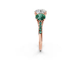 Rose gold Three-Stone Round Cut Diamond Ring with Round with Green Sapphire side stone Pavé Band and Prong Setting_2