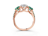 Rose gold Three-Stone Round Cut Diamond Ring with Round with Green Sapphire side stone Pavé Band and Prong Setting_3