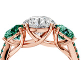 Rose gold Three-Stone Round Cut Diamond Ring with Round with Green Sapphire side stone Pavé Band and Prong Setting_4