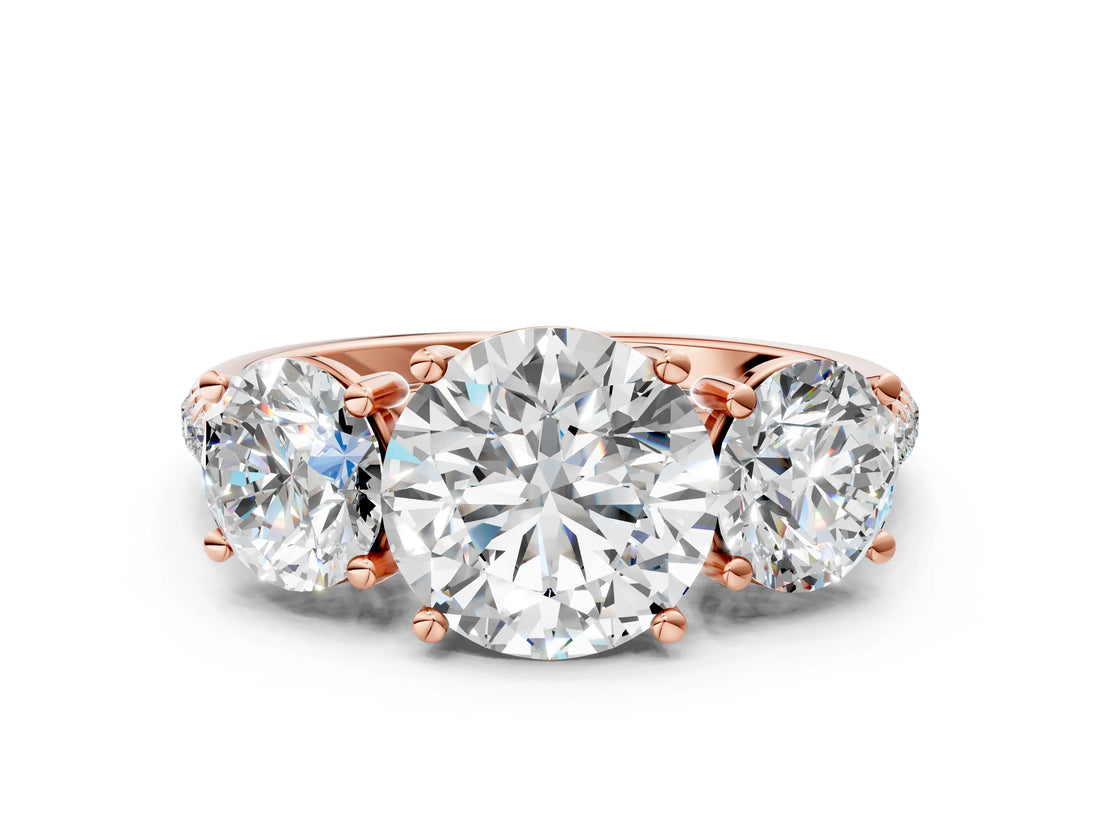 Rose gold Three-Stone Round Cut Diamond Ring with Round with Moissanite side stone Pavé Band and Prong Setting