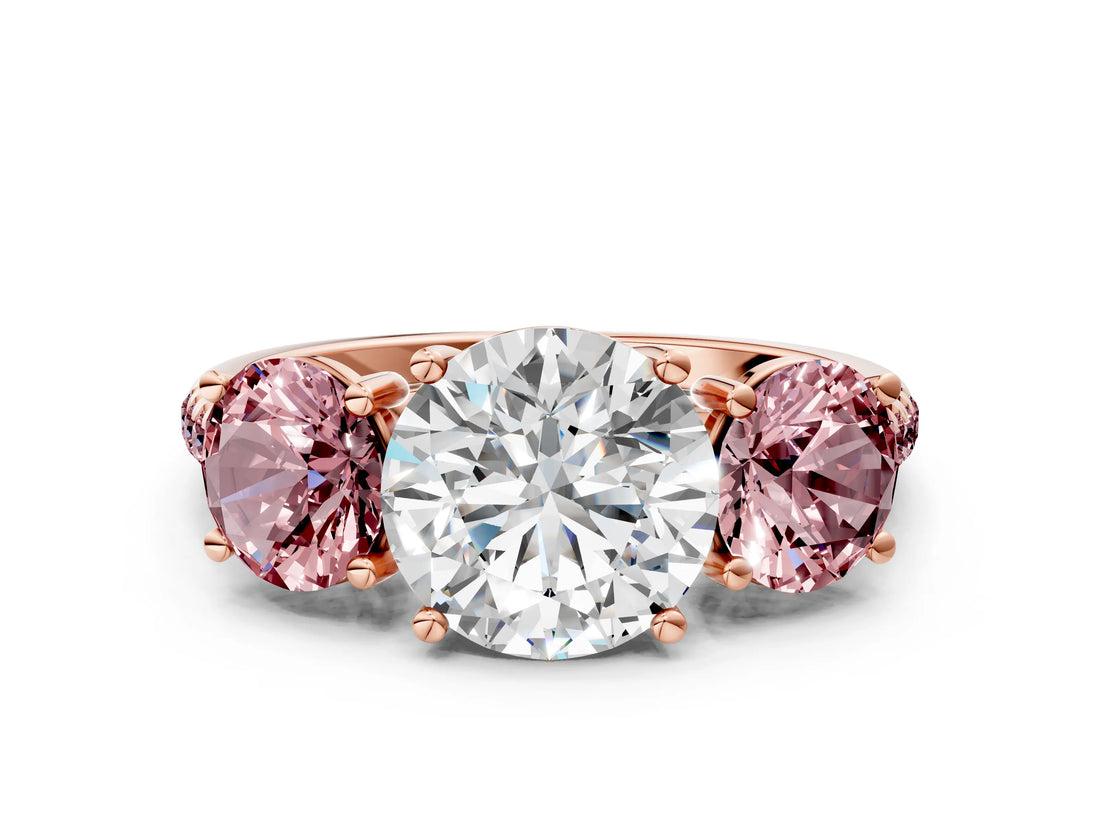 Rose gold Three-Stone Round Cut Diamond Ring with Round with Morganite side stone Pavé Band and Prong Setting