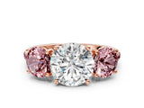 Rose gold Three-Stone Round Cut Diamond Ring with Round with Morganite side stone Pavé Band and Prong Setting