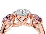 Rose gold Three-Stone Round Cut Diamond Ring with Round with Morganite side stone Pavé Band and Prong Setting_4