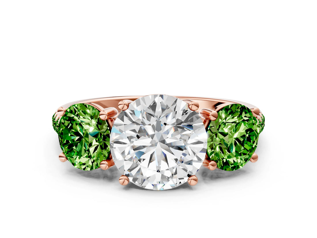 Rose gold Three-Stone Round Cut Diamond Ring with Round with Peridot side stone Pavé Band and Prong Setting