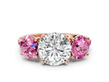 Rose gold Three-Stone Round Cut Diamond Ring with Round with Pink Sapphire side stone Pavé Band and Prong Setting
