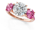 Rose gold Three-Stone Round Cut Diamond Ring with Round with Pink Sapphire side stone Pavé Band and Prong Setting_1