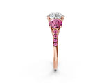 Rose gold Three-Stone Round Cut Diamond Ring with Round with Pink Sapphire side stone Pavé Band and Prong Setting_2