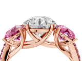 Rose gold Three-Stone Round Cut Diamond Ring with Round with Pink Sapphire side stone Pavé Band and Prong Setting_4