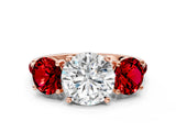 Rose gold Three-Stone Round Cut Diamond Ring with Round with Ruby side stone Pavé Band and Prong Setting