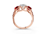 Rose gold Three-Stone Round Cut Diamond Ring with Round with Ruby side stone Pavé Band and Prong Setting_3