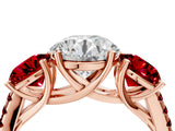 Rose gold Three-Stone Round Cut Diamond Ring with Round with Ruby side stone Pavé Band and Prong Setting_4
