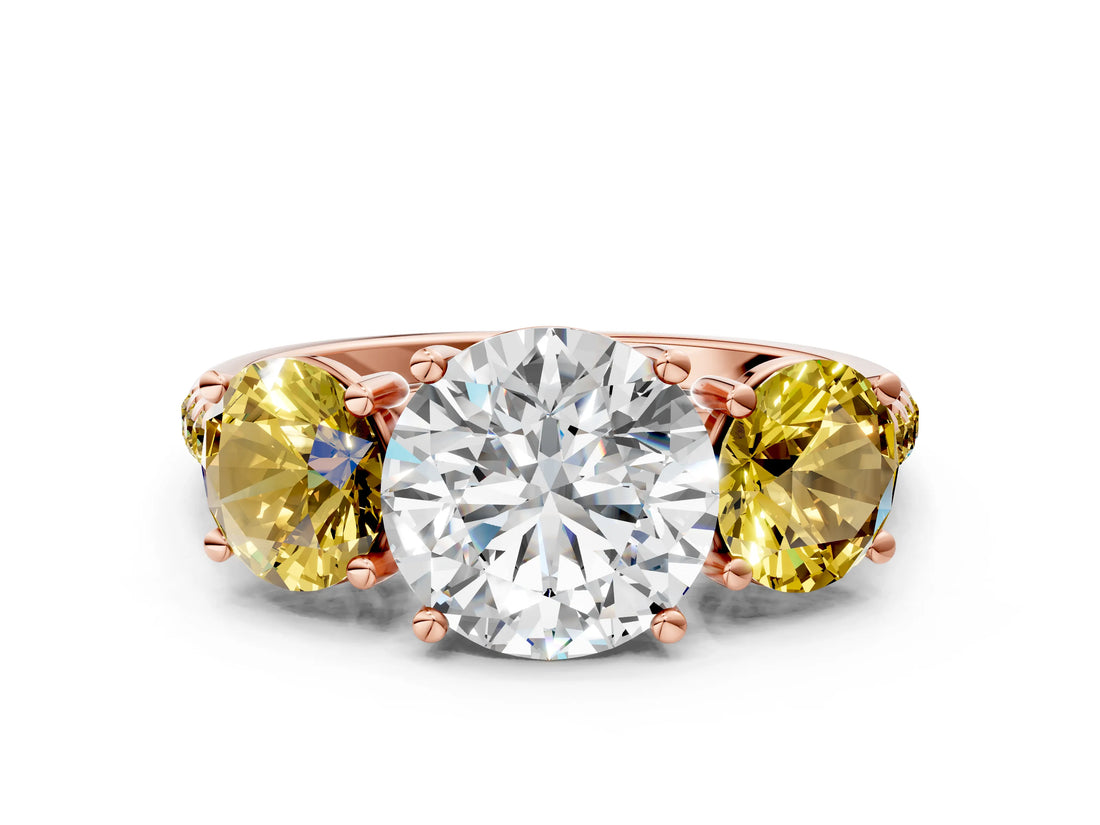 Rose gold Three-Stone Round Cut Diamond Ring with Round with Yellow Sapphire side stone Pavé Band and Prong Setting