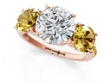 Rose gold Three-Stone Round Cut Diamond Ring with Round with Yellow Sapphire side stone Pavé Band and Prong Setting_1