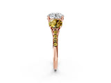 Rose gold Three-Stone Round Cut Diamond Ring with Round with Yellow Sapphire side stone Pavé Band and Prong Setting_2
