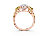 Rose gold Three-Stone Round Cut Diamond Ring with Round with Yellow Sapphire side stone Pavé Band and Prong Setting_3