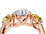 Rose gold Three-Stone Round Cut Diamond Ring with Round with Yellow Sapphire side stone Pavé Band and Prong Setting_4