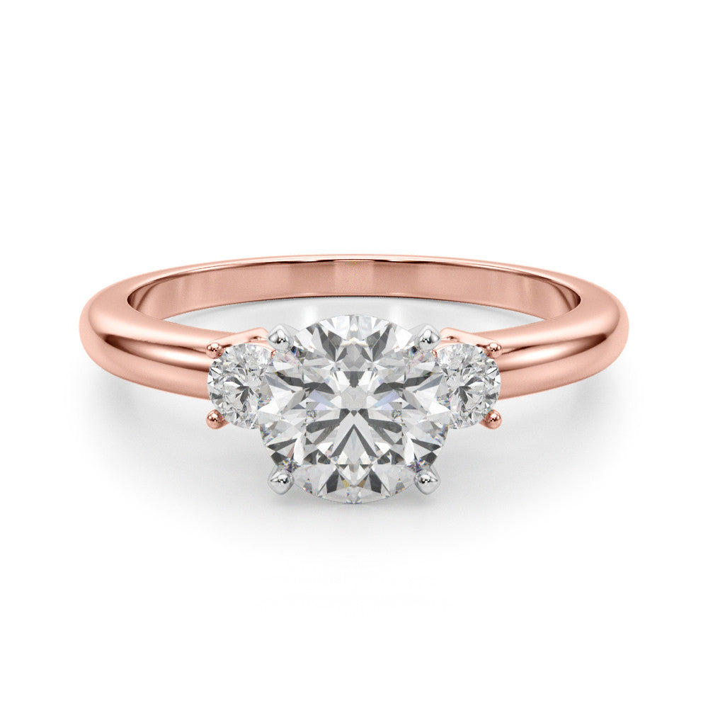 Rose gold Three-Stone Round Cut Diamond Solitaire with Prong Setting and Classic Band 1