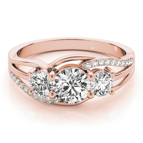 Rose gold Three-Stone Round Cut Diamond Split Shank Prong Set Ring 1