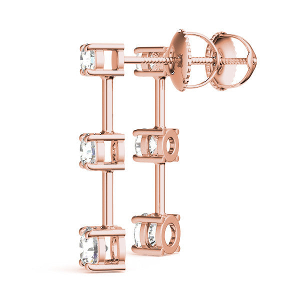 Rose gold Three-Stone Round Cut Drop Earrings with Prong Setting 1