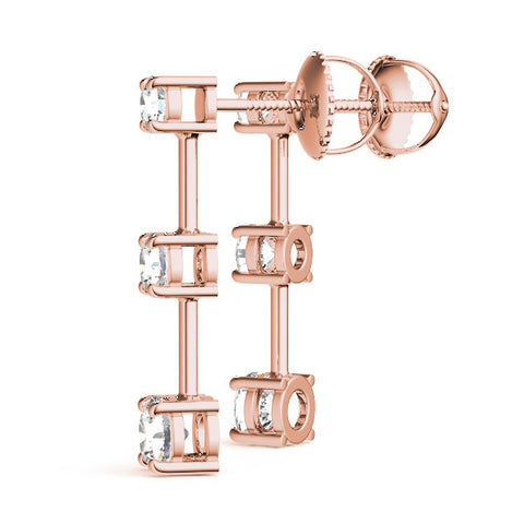 Rose gold Three-Stone Round Cut Drop Earrings with Prong Setting 1