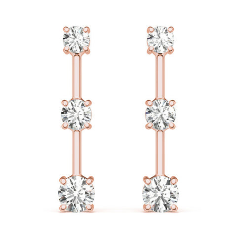 Rose gold Three-Stone Round Cut Drop Earrings with Prong Setting 2