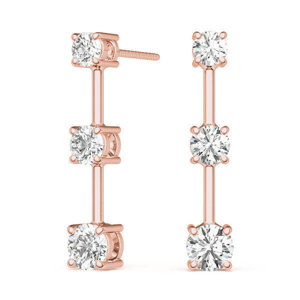 Rose gold Three-Stone Round Cut Drop Earrings with Prong Setting