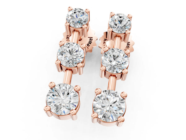 Rose gold Three-Stone Round Cut Drop Earrings with Prong Setting