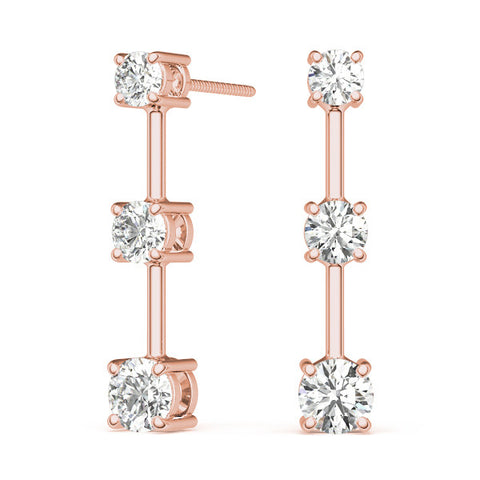 Rose gold Three-Stone Round Cut Drop Earrings with Prong Setting
