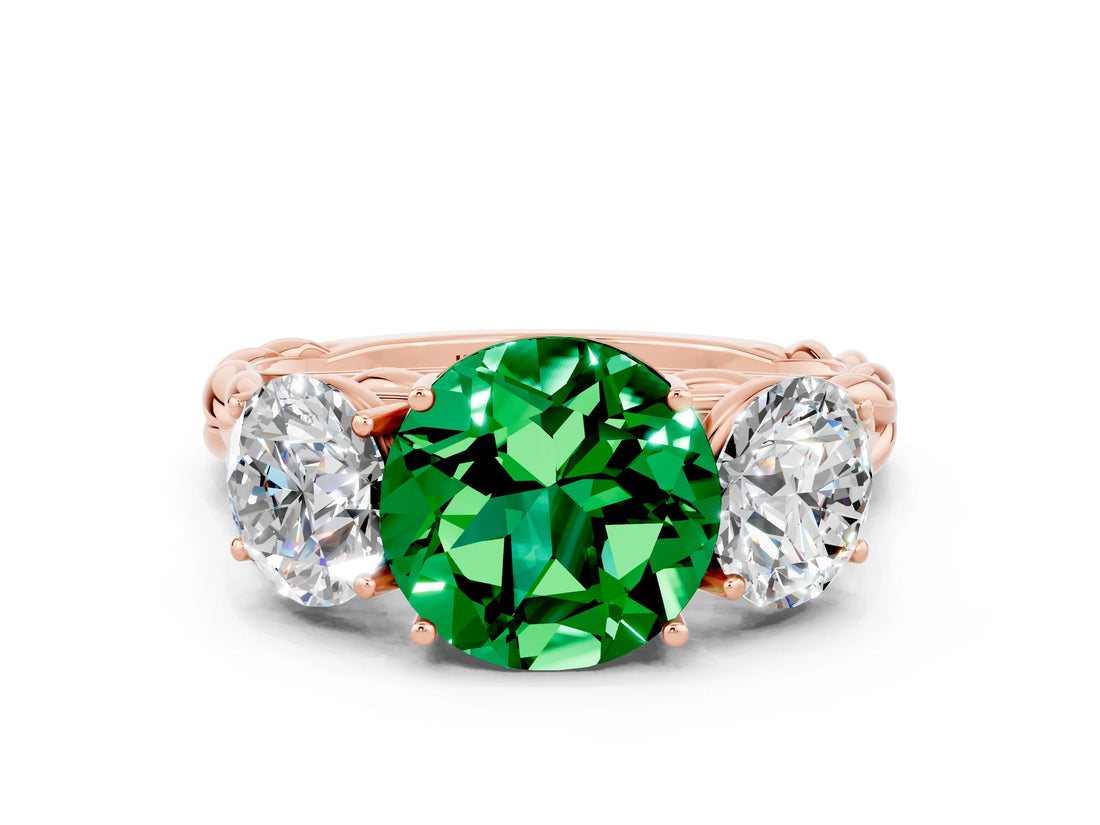 Rose gold Three-Stone Round Cut Emerald Braided Band Ring with Four-Prong Setting_12
