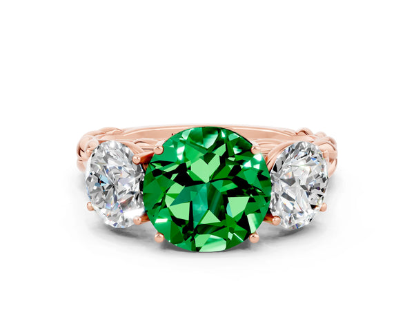 Rose gold Three-Stone Round Cut Emerald Braided Band Ring with Four-Prong Setting
