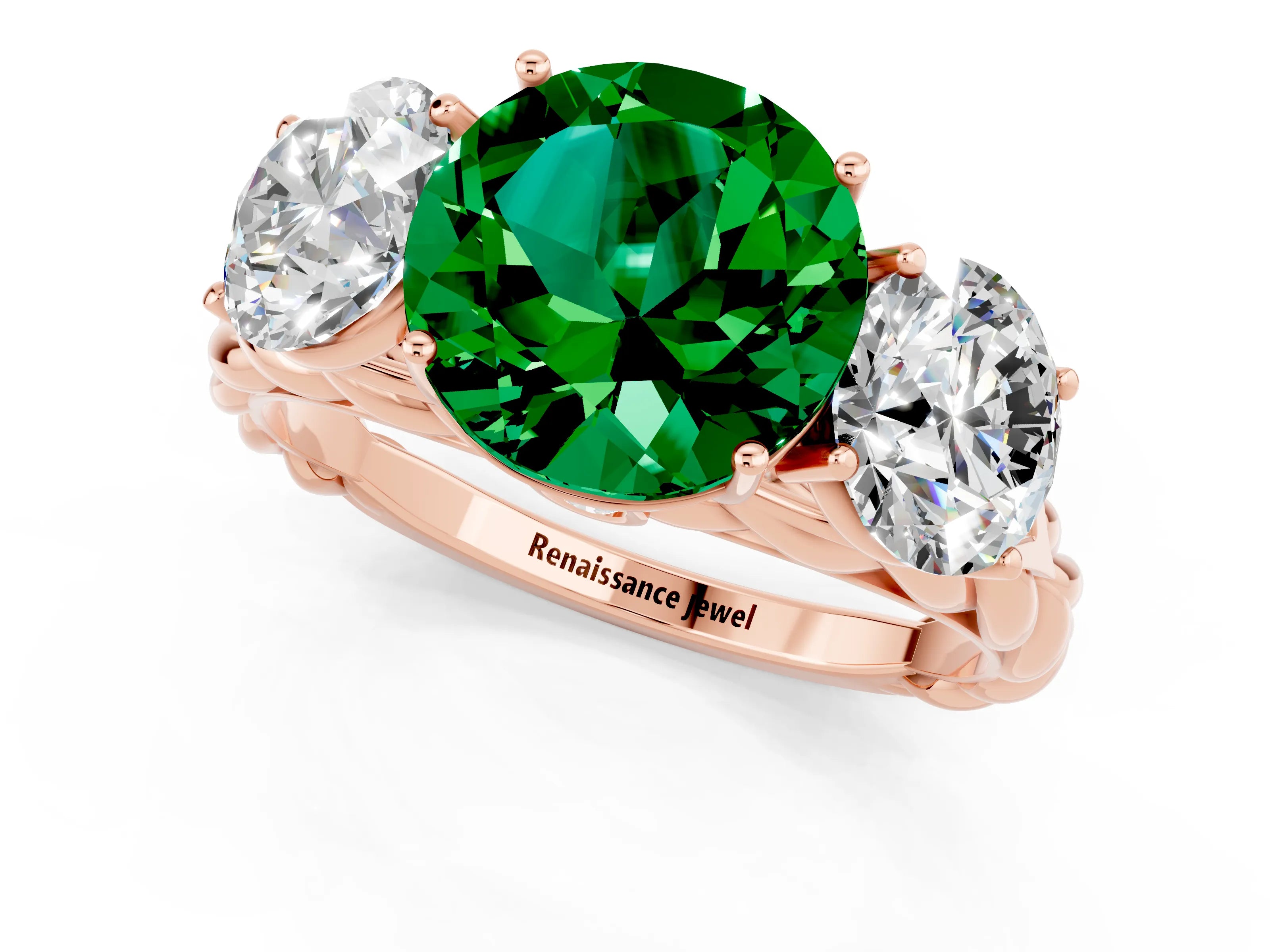 Rose gold Three-Stone Round Cut Emerald Braided Band Ring with Four-Prong Setting_13