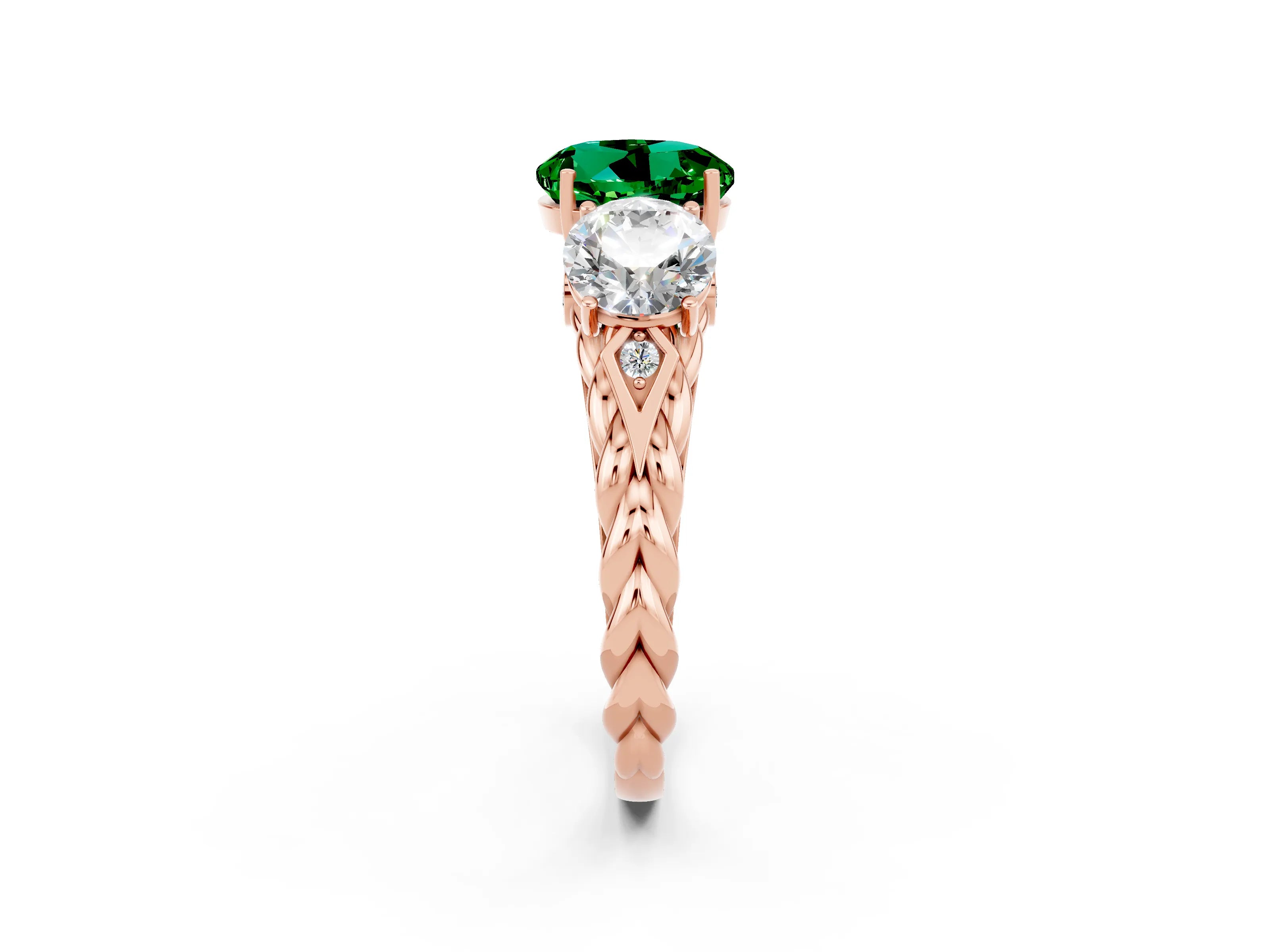 Rose gold Three-Stone Round Cut Emerald Braided Band Ring with Four-Prong Setting_14