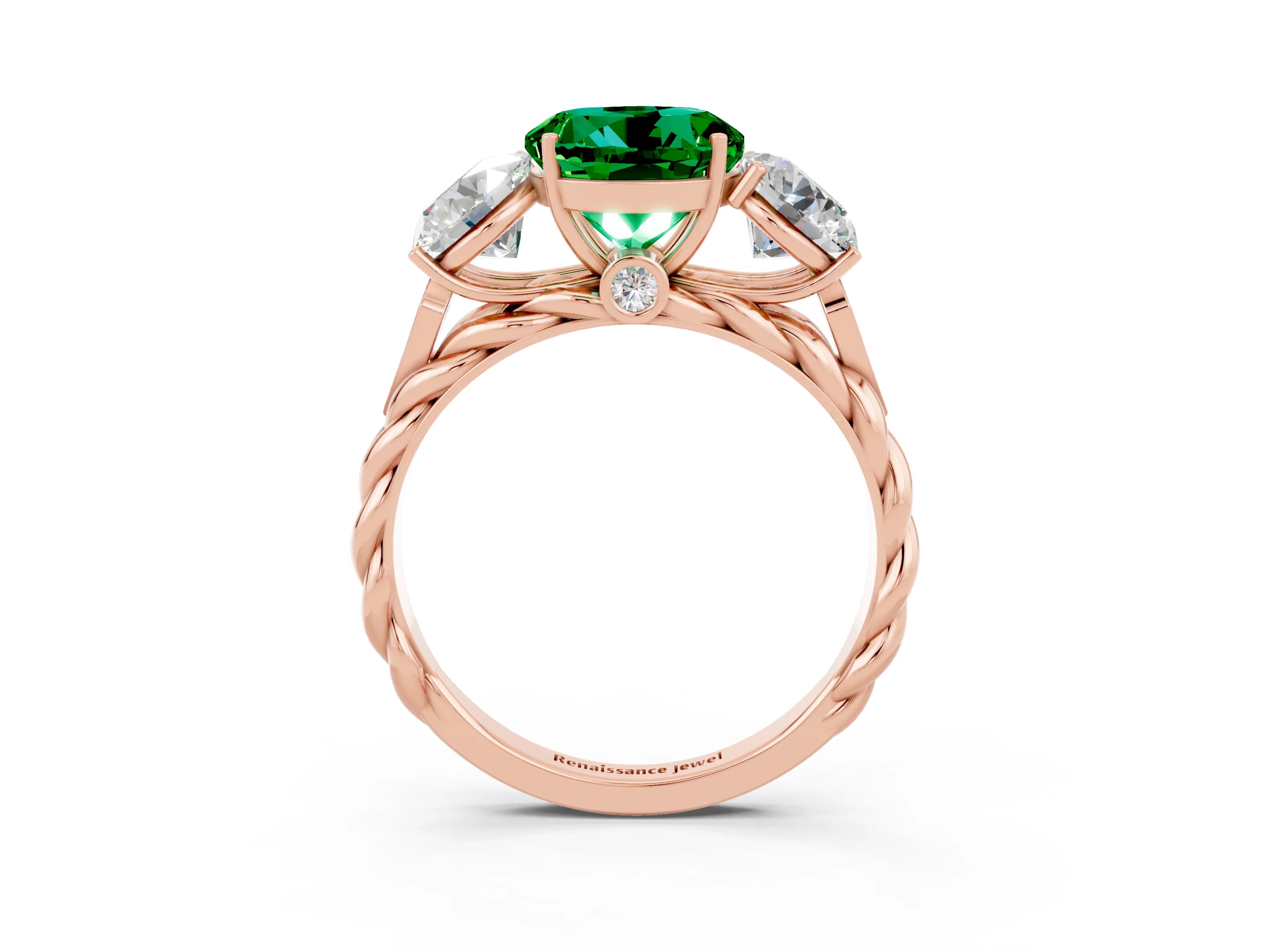 Rose gold Three-Stone Round Cut Emerald Braided Band Ring with Four-Prong Setting_15