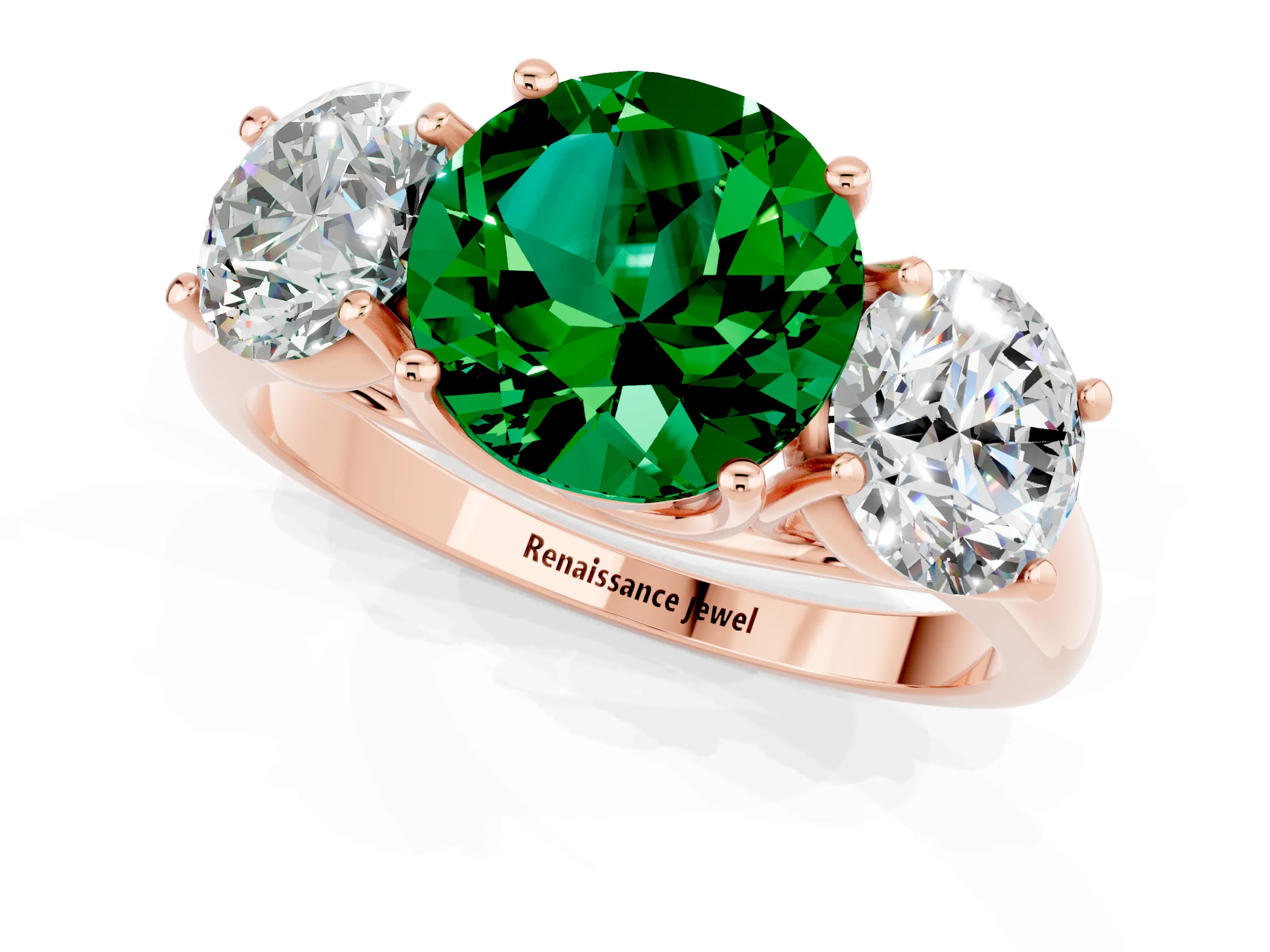 Rose gold Three-Stone Round Cut Emerald Engagement Ring with Prong Setting_1