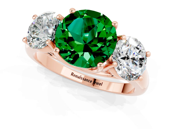 Rose gold Three-Stone Round Cut Emerald Engagement Ring with Prong Setting