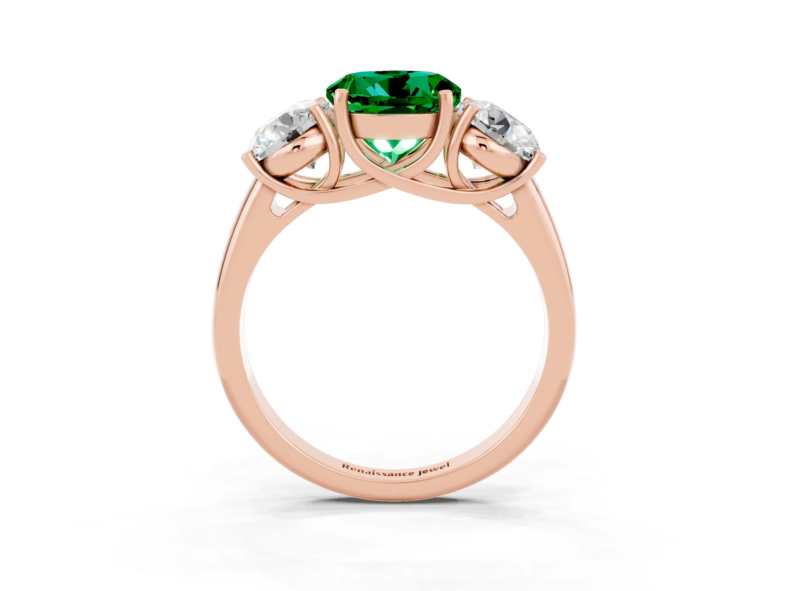 Rose gold Three-Stone Round Cut Emerald Engagement Ring with Prong Setting_3