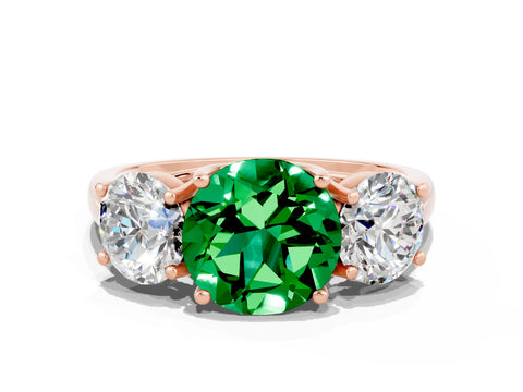 Rose gold Three-Stone Round Cut Emerald Engagement Ring with Prong Setting