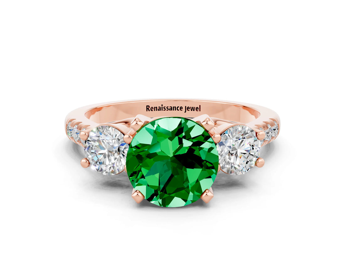 Rose gold Three-Stone Round Cut Emerald Pavé Band with Four-Prong Setting