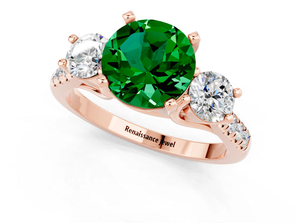 Rose gold Three-Stone Round Cut Emerald Pavé Band with Four-Prong Setting