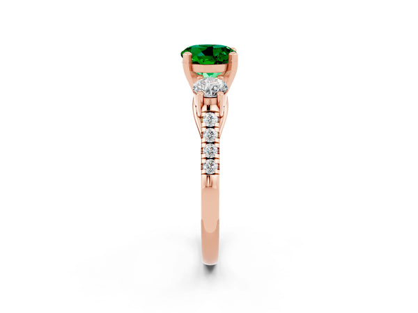 Rose gold Three-Stone Round Cut Emerald Pavé Band with Four-Prong Setting
